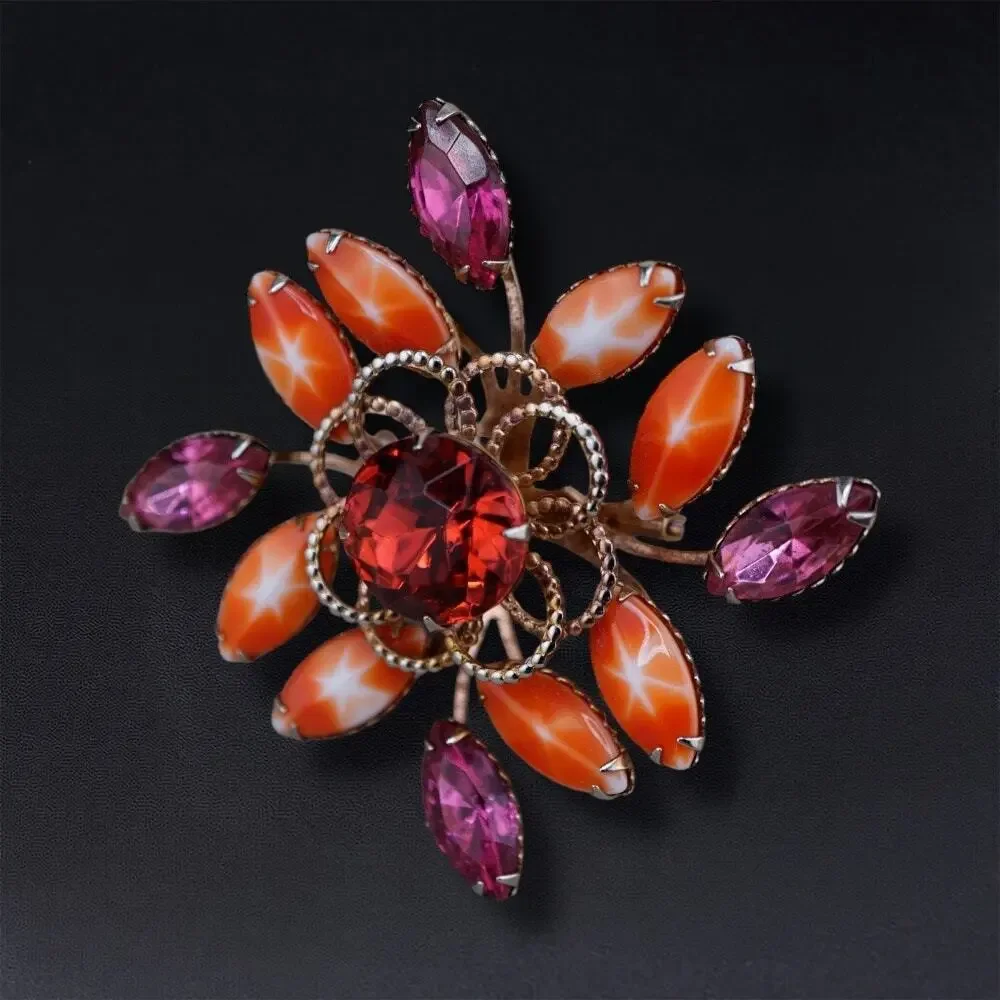Vintage Atomic Starburst Brooch Orange Pink Rhinestone 2 in‎ MCM Retro Statement